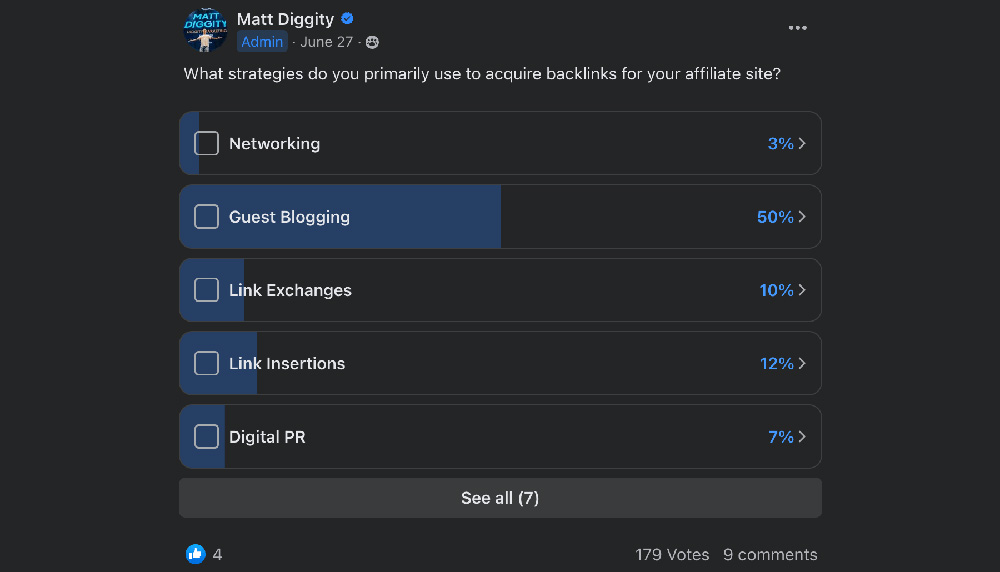 Matt Diggity X voting poll showing guest posting is the most popular way SEO's build backlinks