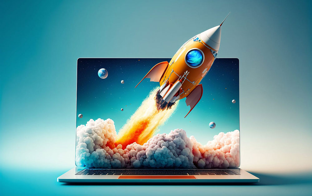 Laptop showing a rocket launching to illustrate the best WordPress cache plugins to speed up a website