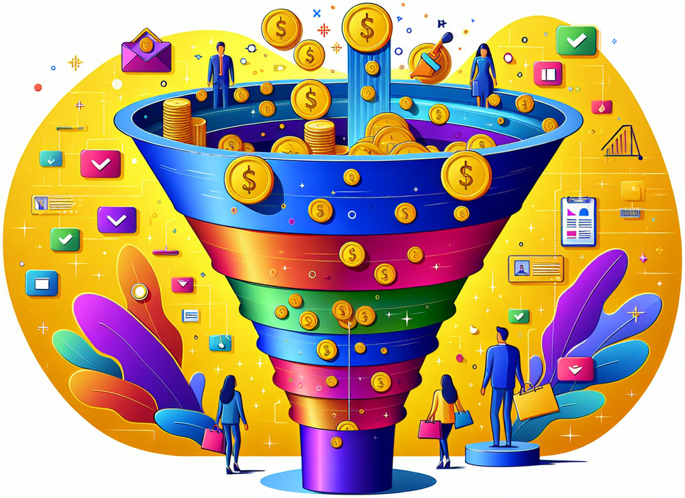 An illustration of a conversion funnel, depicting strategic content creation for driving conversions