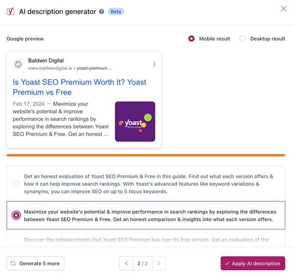 Demonstration of search appearance AI title and description generator using Yoast SEO Premium