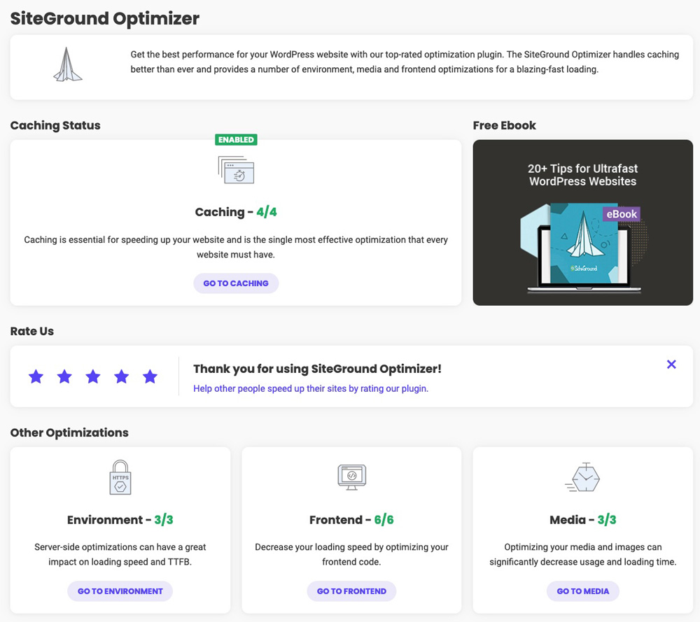 Siteground Optimizer dashboard page