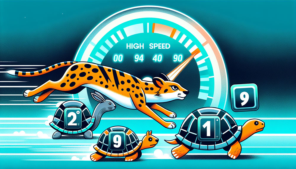 Comparison of WordPress cache plugins with speedometer showing high speed.