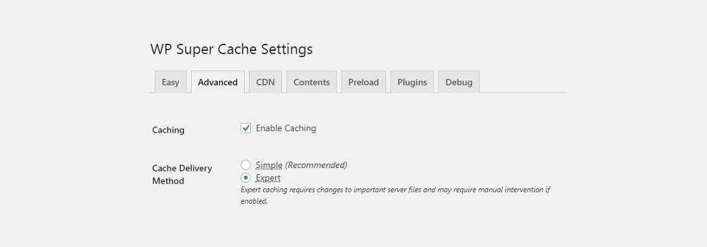 WP Super Cache plugin settings page