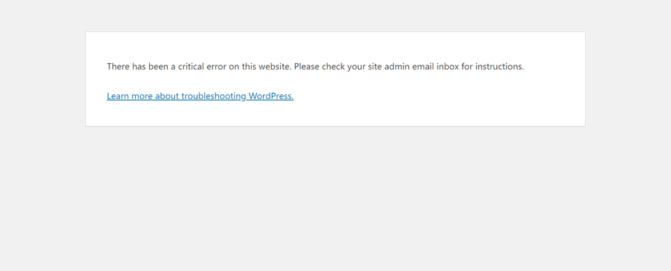 WordPress dashboard with error message
