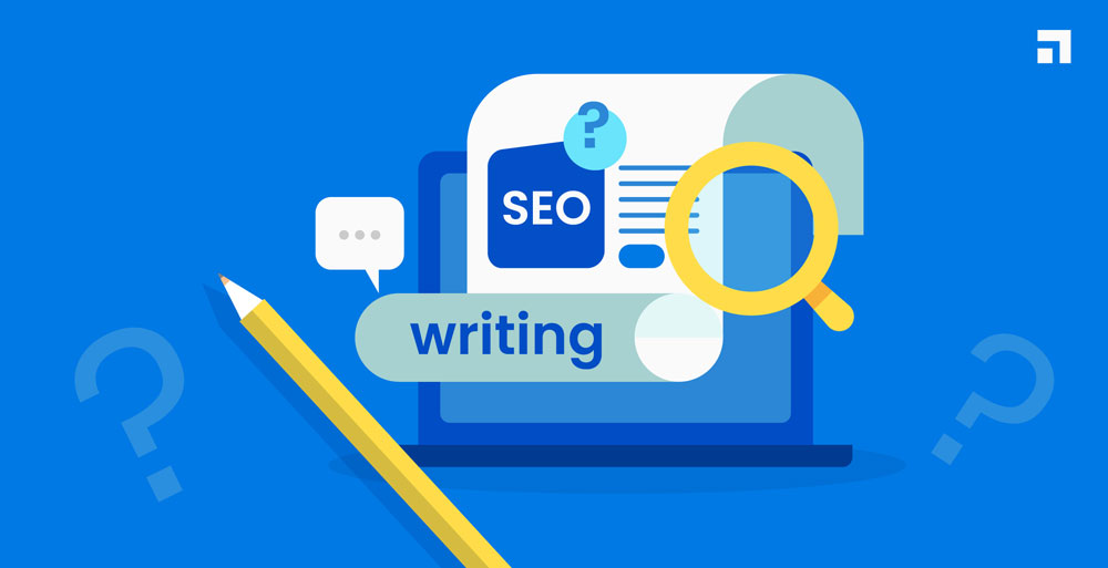 A colorful illustration of SEO content being written, symbolising keyword research and search engine optimisation