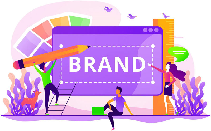 Illustration of a branding process with people collaborating on a design, featuring a large screen displaying the word ‘Brand,’ surrounded by a color palette, ruler, and creative elements, representing the concept of logo design and branding differences.