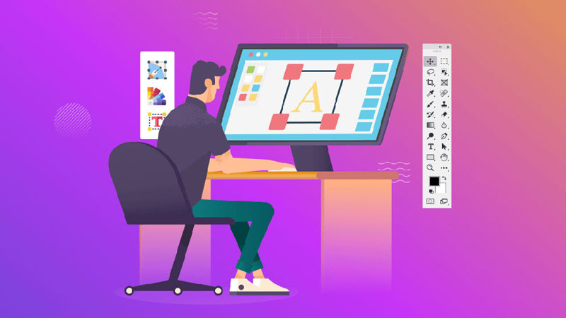 Illustration of a designer working at a computer after a client asked how much does logo design costs in Ireland, designing a logo on a vibrant gradient background with tools and design elements displayed on the screen.